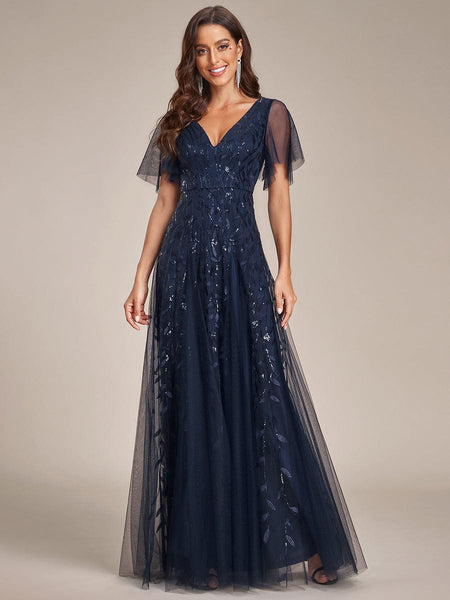 Women's Emerald Leaf Sequin A-Line Plus Size Evening Gown