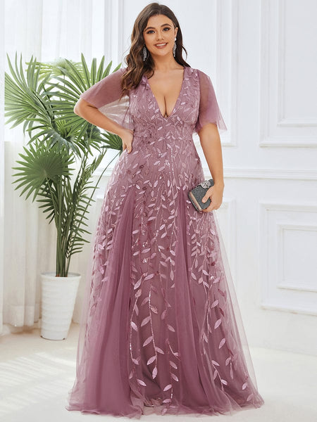 Women's Emerald Leaf Sequin A-Line Plus Size Evening Gown