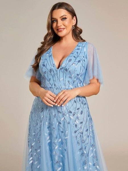 Women's Emerald Leaf Sequin A-Line Plus Size Evening Gown