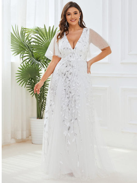 Women's Emerald Leaf Sequin A-Line Plus Size Evening Gown