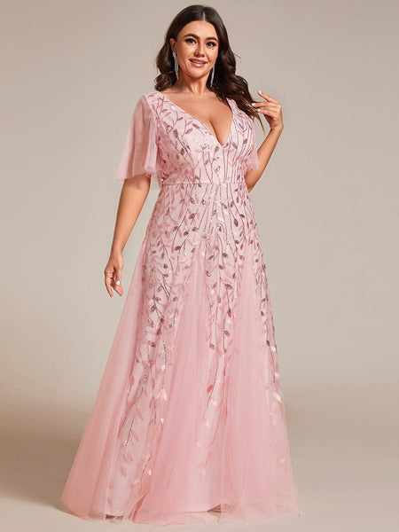 Women's Emerald Leaf Sequin A-Line Plus Size Evening Gown
