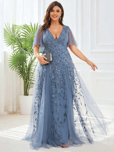 Women's Emerald Leaf Sequin A-Line Plus Size Evening Gown