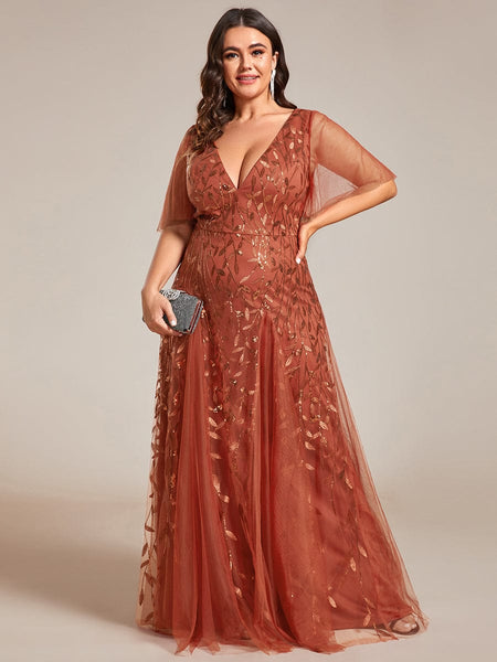 Women's Emerald Leaf Sequin A-Line Plus Size Evening Gown