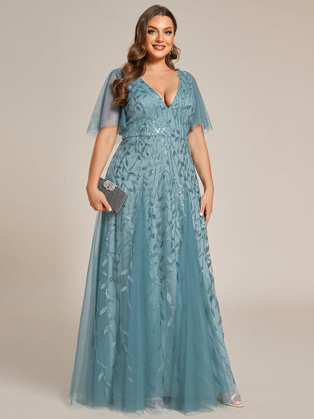 Women's Emerald Leaf Sequin A-Line Plus Size Evening Gown