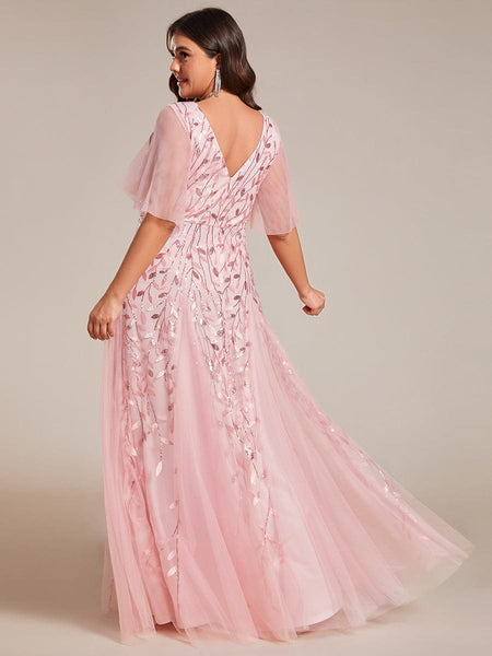 Women's Emerald Leaf Sequin A-Line Plus Size Evening Gown