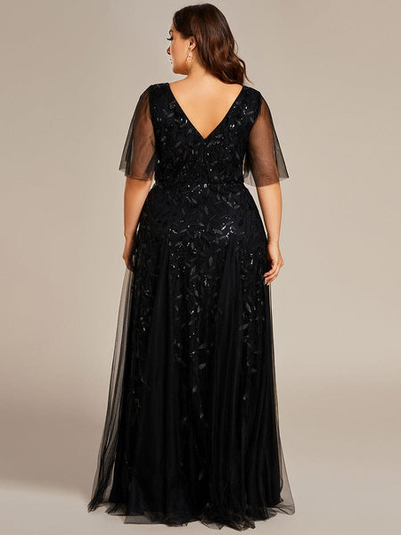 Women's Emerald Leaf Sequin A-Line Plus Size Evening Gown