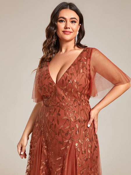Women's Emerald Leaf Sequin A-Line Plus Size Evening Gown