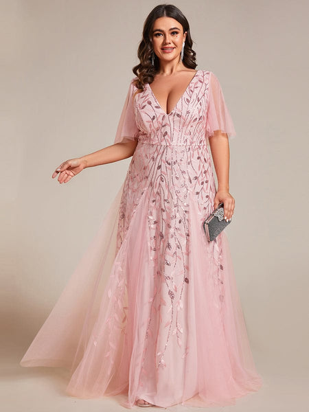 Women's Emerald Leaf Sequin A-Line Plus Size Evening Gown
