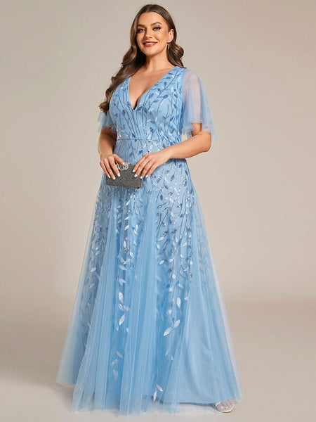 Women's Emerald Leaf Sequin A-Line Plus Size Evening Gown