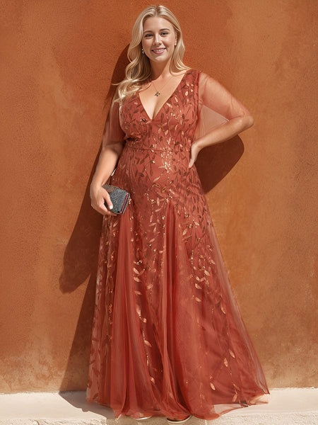 Women's Emerald Leaf Sequin A-Line Plus Size Evening Gown