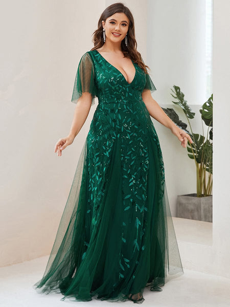 Women's Emerald Leaf Sequin A-Line Plus Size Evening Gown