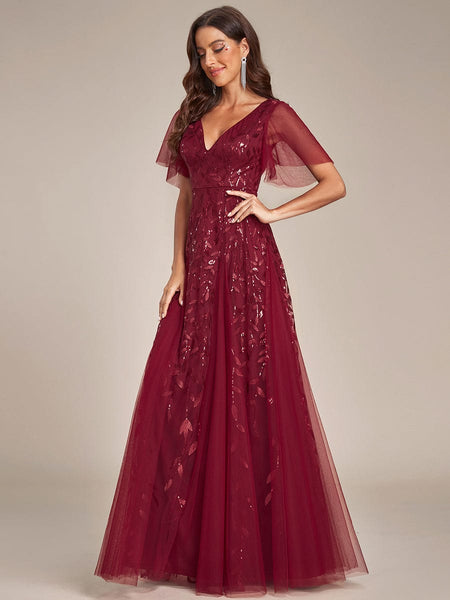 Women's Emerald Leaf Sequin A-Line Plus Size Evening Gown