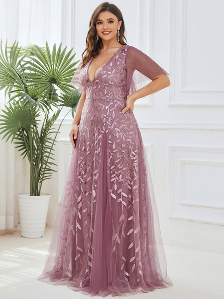 Women's Emerald Leaf Sequin A-Line Plus Size Evening Gown