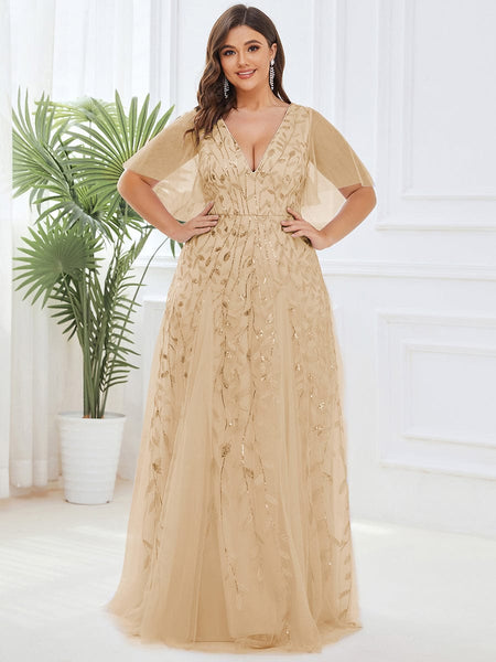 Women's Emerald Leaf Sequin A-Line Plus Size Evening Gown