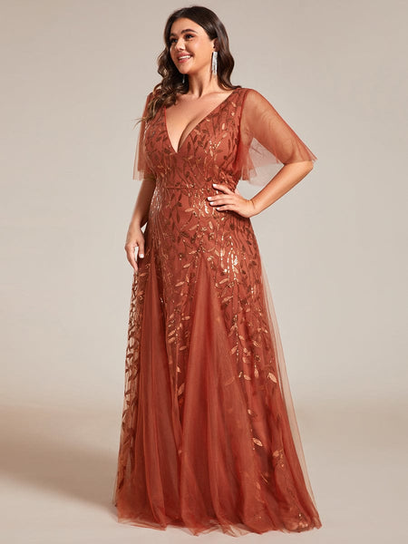 Women's Emerald Leaf Sequin A-Line Plus Size Evening Gown