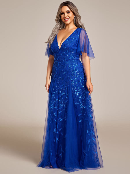 Women's Emerald Leaf Sequin A-Line Plus Size Evening Gown