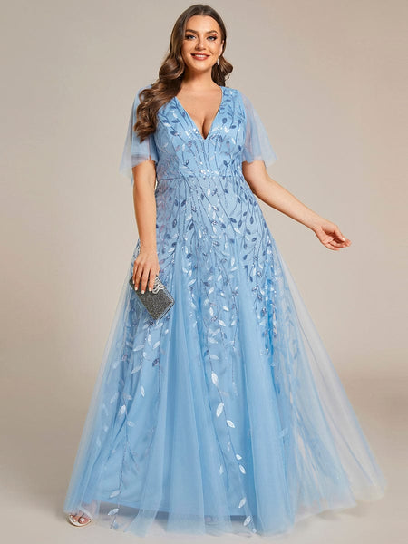 Women's Emerald Leaf Sequin A-Line Plus Size Evening Gown