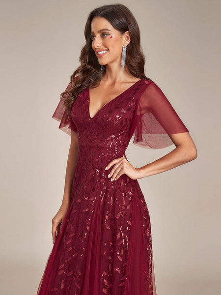 Women's Emerald Leaf Sequin A-Line Plus Size Evening Gown