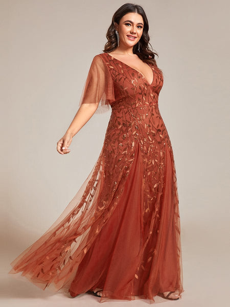 Women's Emerald Leaf Sequin A-Line Plus Size Evening Gown