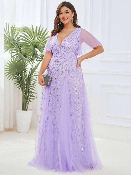 Women's Emerald Leaf Sequin A-Line Plus Size Evening Gown