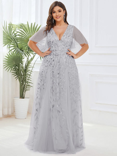 Women's Emerald Leaf Sequin A-Line Plus Size Evening Gown