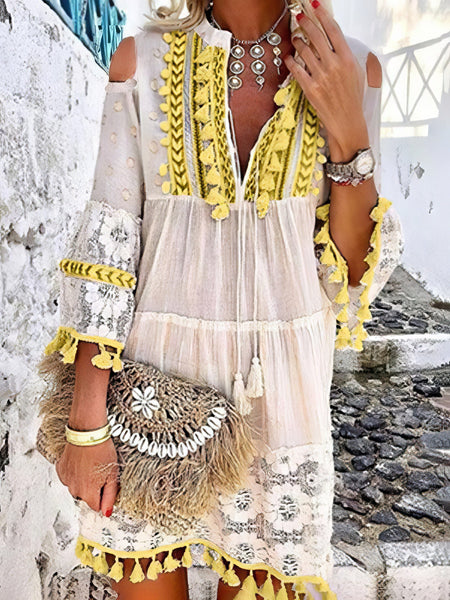 Cute Tassel Off Shoulder Deep V-neck Dress
