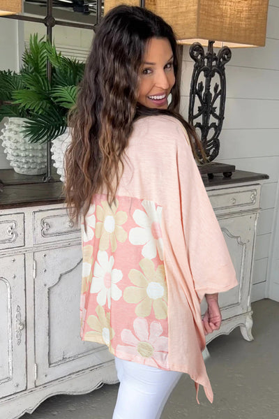 Trendy Women's Oversized Pink Flower Patchwork High-Low Top with Exposed Seams for Boho Chic Style