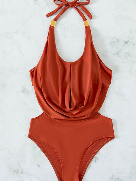 Golden Flame Halter Neck Open Back Padded One Piece Swimsuit
