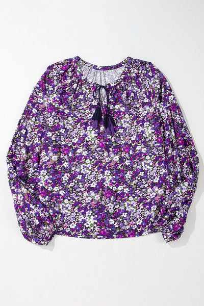 Women's Trendy Purple Boho Floral Blouse with Split V-Neck & Bubble Sleeves - Stylish, Comfortable Fashion Top