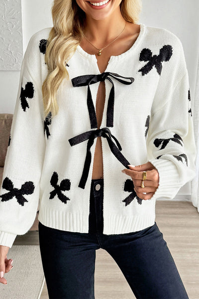 Women's Intarsia Bow Tie-Front Cardigan in Ivory and Black made for easy styling and wardrobe coordination, with premium-like structure and finish.