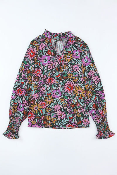 Spring Women's Multicolor Floral Ruffled Long Sleeve V-Neck Blouse - Effortlessly Elegant Top for Stylish Casual Outfits