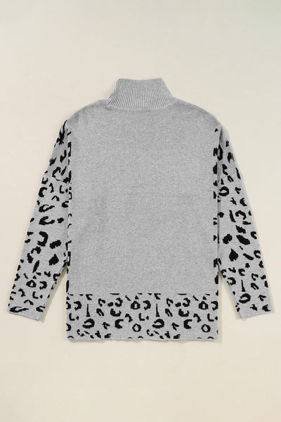 Cozy Gray Leopard Print High Neck Oversized Sweater for Women with Side Slit - Perfect for Stylish Fall Outfits