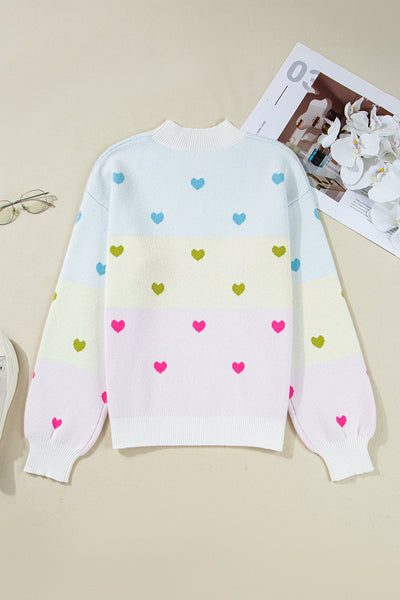 Cozy Women's Multicolor Heart Pattern Colorblock Knit Sweater - Chic High Neck Pullover for Casual Comfort