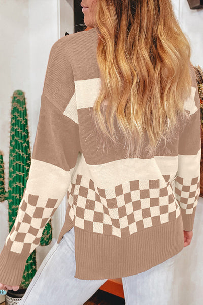 Cozy Women's Smoke Gray Checkered Color Block Knit Sweater with Drop Shoulder Chic Style for Any Occasion