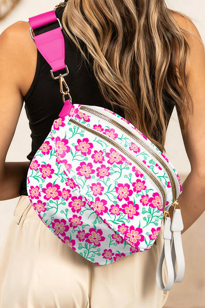Women's Botanical Canvas Crescent Crossbody Bag in Fuchsia Floral