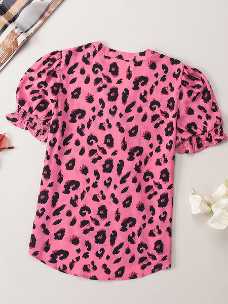 Pink Leopard Notch Neck Bubble Sleeve Top