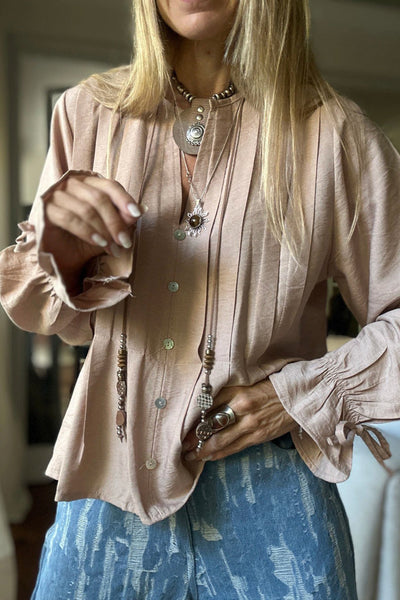 Elegant Women's Parchment Pintuck Blouse with Button Front and Ruffled Sleeves - Relaxed Fit for Effortless Style