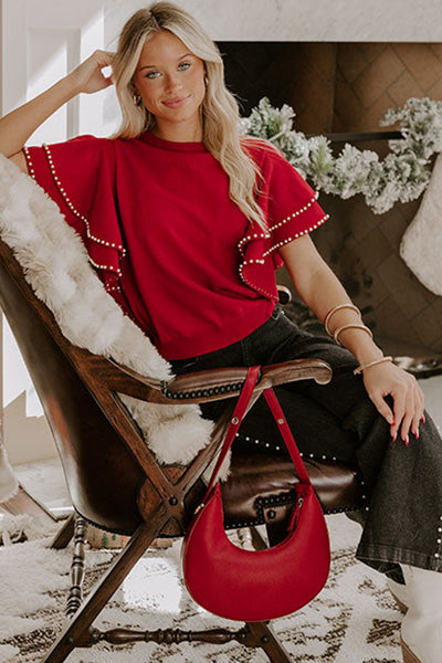 Chic Women's Racing Red Sweater with Pearl Embellishments and Double Ruffle Short Sleeves - Trendy Fit for Stylish Looks