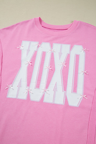 Trendy Women's Pink Bow Sequin XOXO Graphic Sweatshirt - Chic Baggy Fit with Exposed Seams for Casual Style