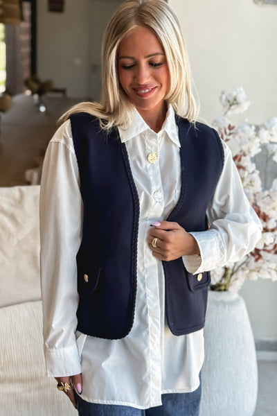 Women's Casual Dirty Blue Braided Trim Open Front Vest - Effortless Layering for Comfort and Chic Style