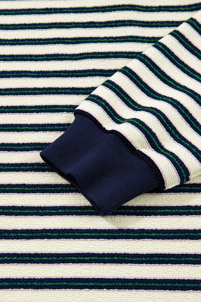 women's chic women's navy blue striped long sleeve top with contrast collar and zip v-neck - casual everyday style with practical styling and
