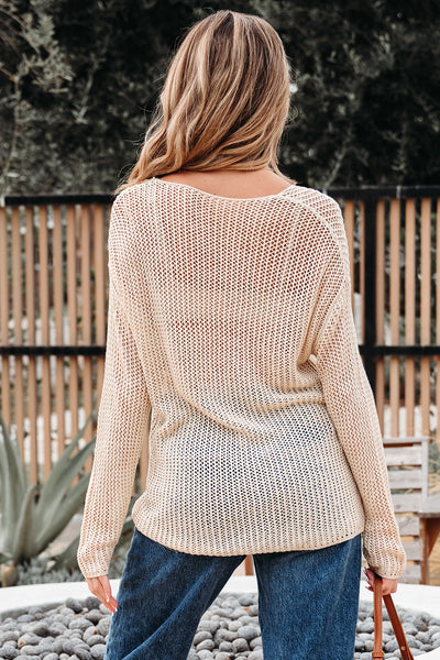 Women's Apricot Open-Knit Mesh Sweater with Long Sleeves