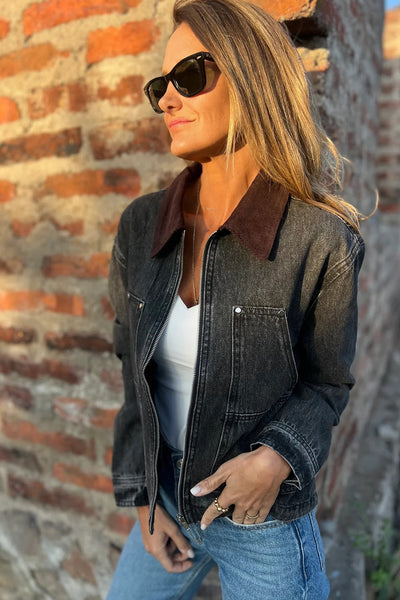 Chic Women's Black Corduroy Denim Jacket with Zipper, Stylish Collar for Effortless Casual Looks