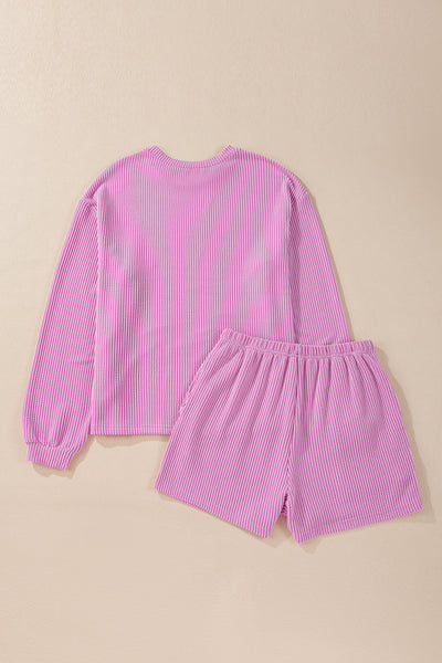 Women's Cozy Phalaenopsis Long Sleeve Knit Top & High-Waist Shorts Set - Stylish Loungewear for Casual Outings
