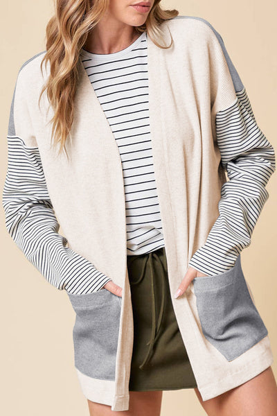 Trendy Women's Black and White Stripe Colorblock Cardigan with Pockets  Stylish Open Front Layer for Casual Chic Outfit