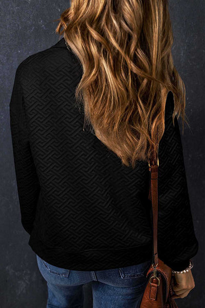 Chic Women's Black Textured Half-Zip Sweatshirt with Collared Neckline for Effortless Casual Style and Cozy Comfort