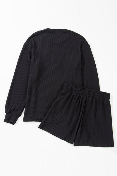 Women's Casual Black MERRY Graphic Long Sleeve Top and Shorts Set - Trendy Relaxed Fit for Effortless Style