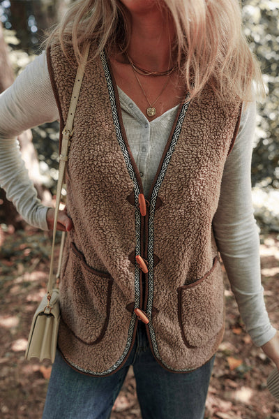 Women's Dark Khaki Sherpa Vest with Geometric Trim and Toggles with practical styling and dependable silhouette control.