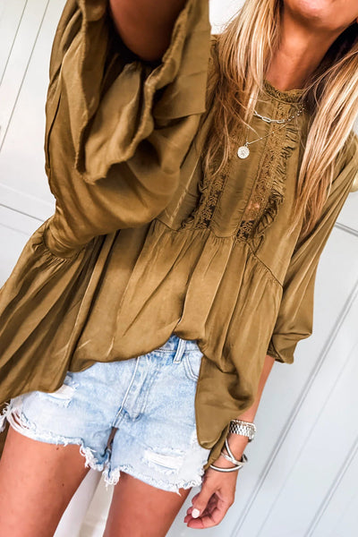Elegant Women's Jungle Green Silky Lace Frilled Blouse - Chic Long Sleeve Round Neck Top for Fashionable Looks