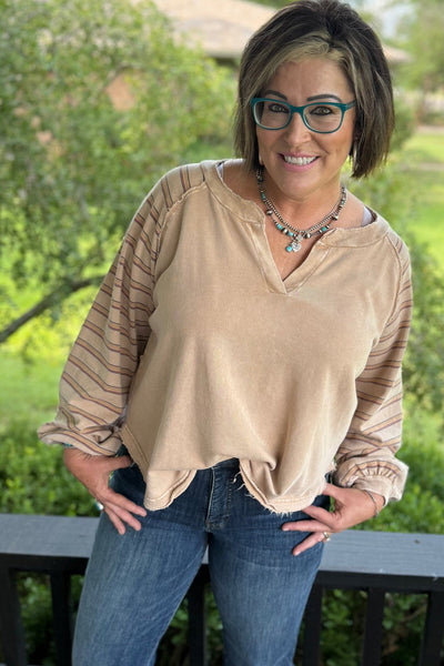 Plus Size Women's Striped Raglan Sleeve Jumper in Parchment with Stylish Notched Neck and Trendy Raw Edge Details